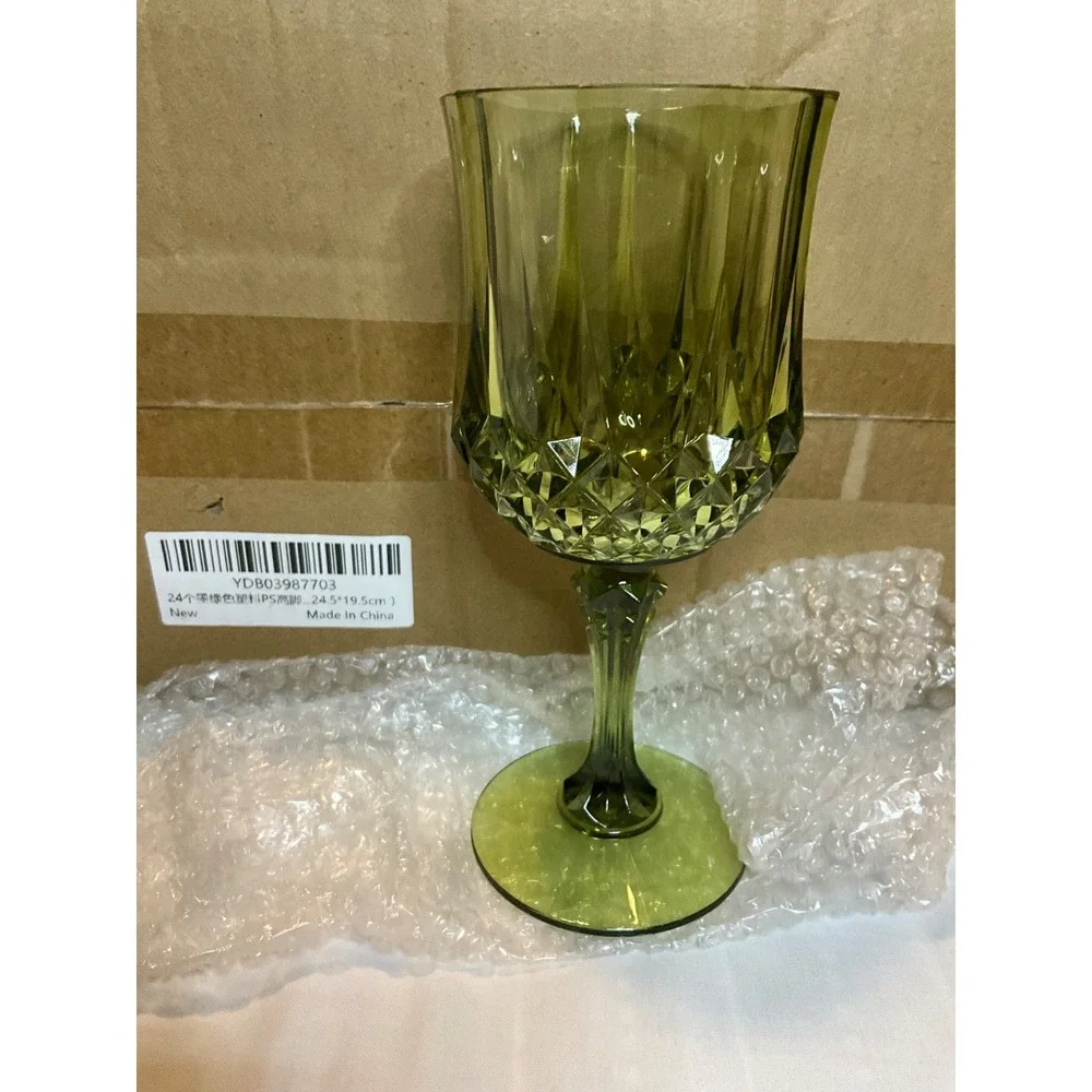 24 Pack Sage Green Plastic Wine Goblets Vintage Crystal Cut 8oz Shatterproof